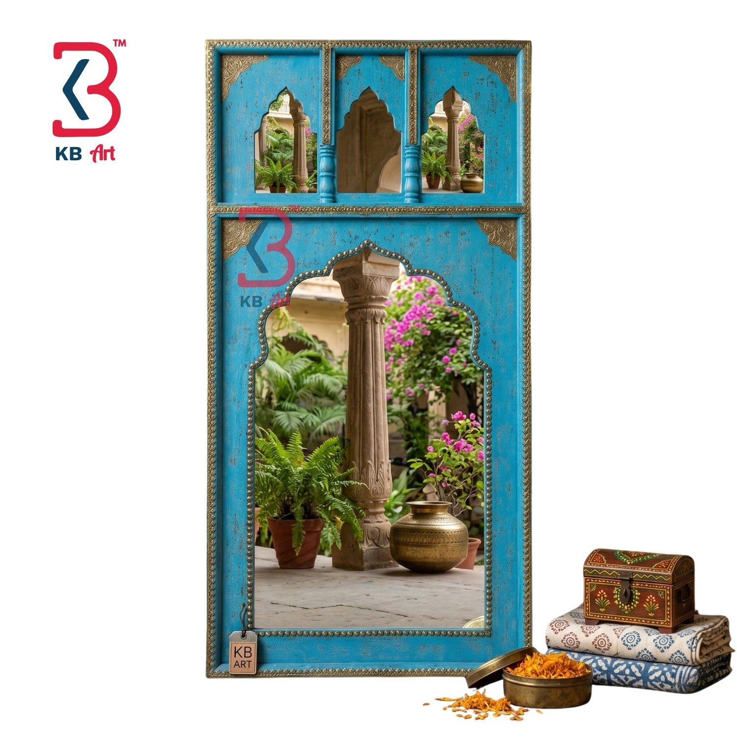 KB ART Blue Wooden Jharokha Wall Mirror Brass - Styled Display in Home Interior Setting - Handcrafted Wooden Decor Jodhpur