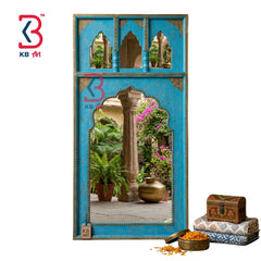 KB ART Blue Wooden Jharokha Wall Mirror Brass - Styled Display in Home Interior Setting - Handcrafted Wooden Decor Jodhpur