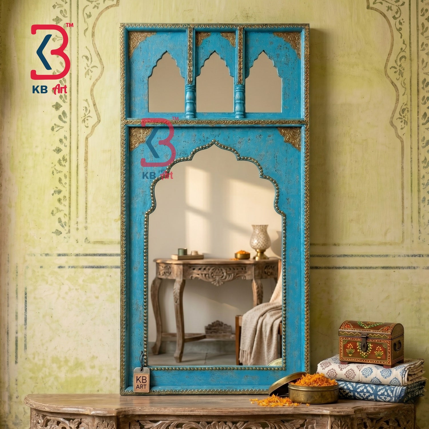 KB ART Blue Wooden Jharokha Wall Mirror Brass - Close-Up of Hand-Carved Artisan Texture - Handcrafted Wooden Decor Jodhpur