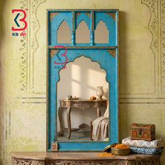 KB ART Blue Wooden Jharokha Wall Mirror Brass - Close-Up of Hand-Carved Artisan Texture - Handcrafted Wooden Decor Jodhpur