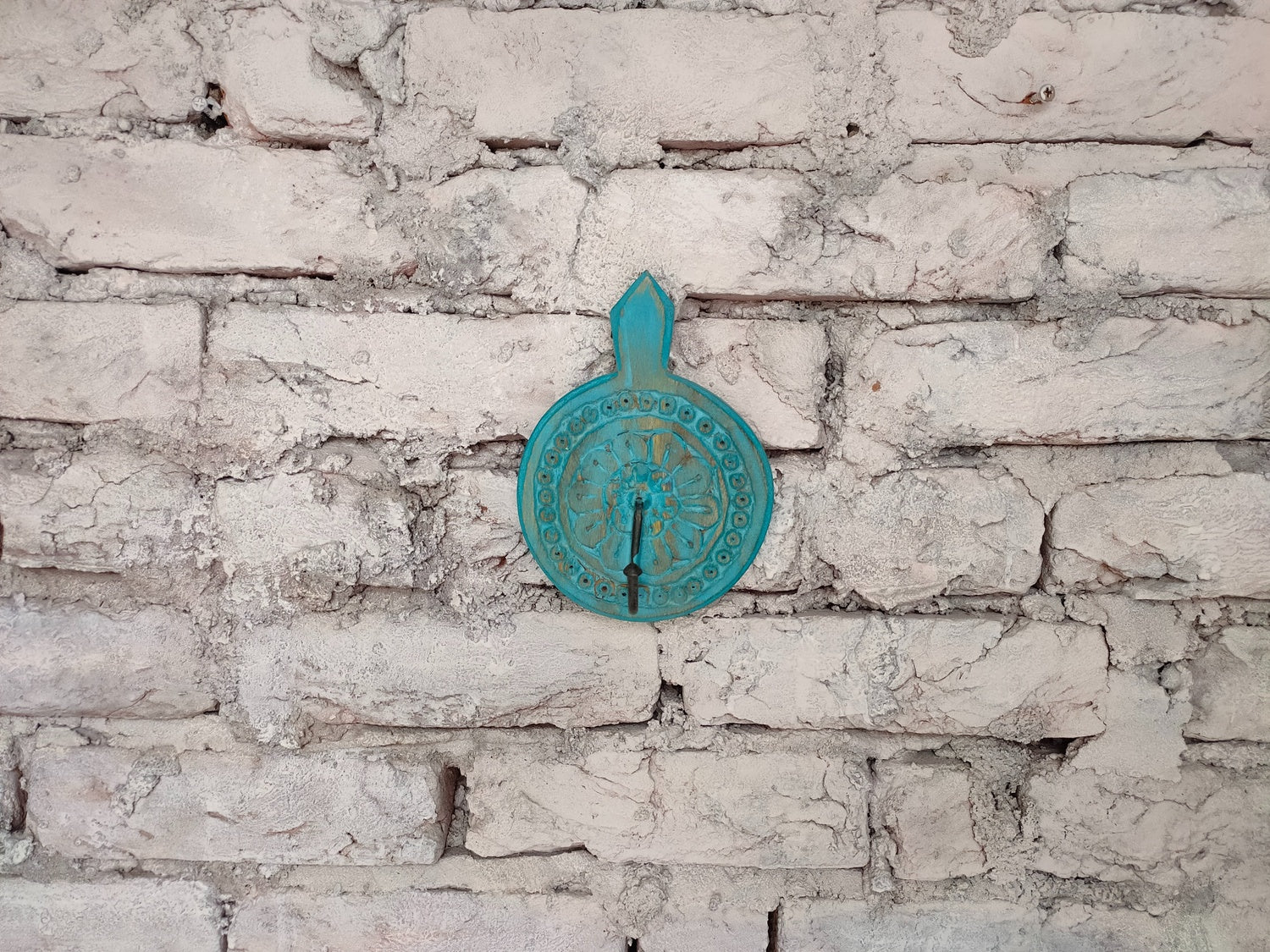 KB ART Teal Distressed Floral Carved Wooden Wall Hook - Side Angle Showing Finish and Craftsmanship - Handcrafted Wooden Decor Jodhpur