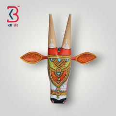 Hand-painted wooden cow head wall art with traditional Indian designs and long horns