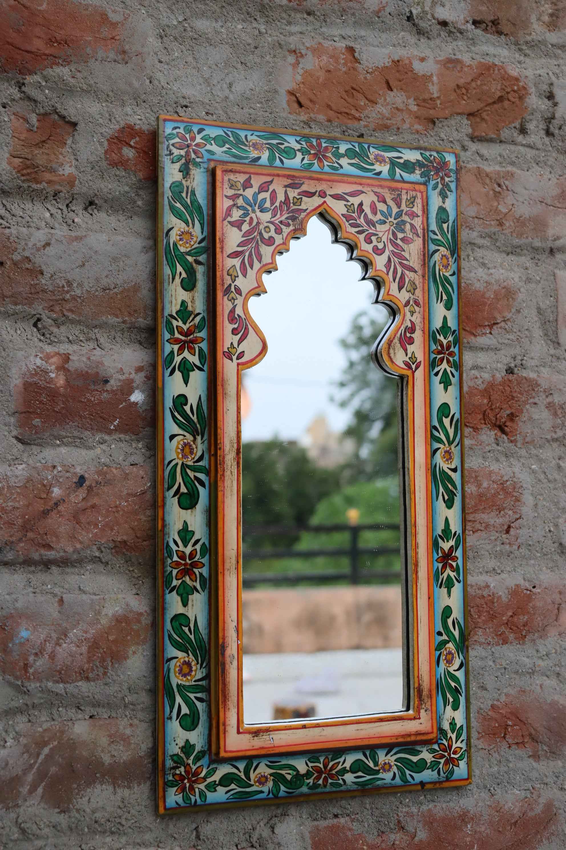 KB ART Multicolor Handpainted Wooden Wall Mirror – 9.5x19 Inch  | Traditional Misri Art Arch Mirror | Jharokha Boho Decor Frame