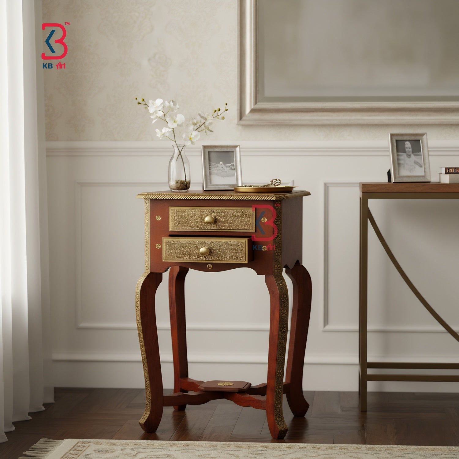 Wooden side table with gold accents in a room setting