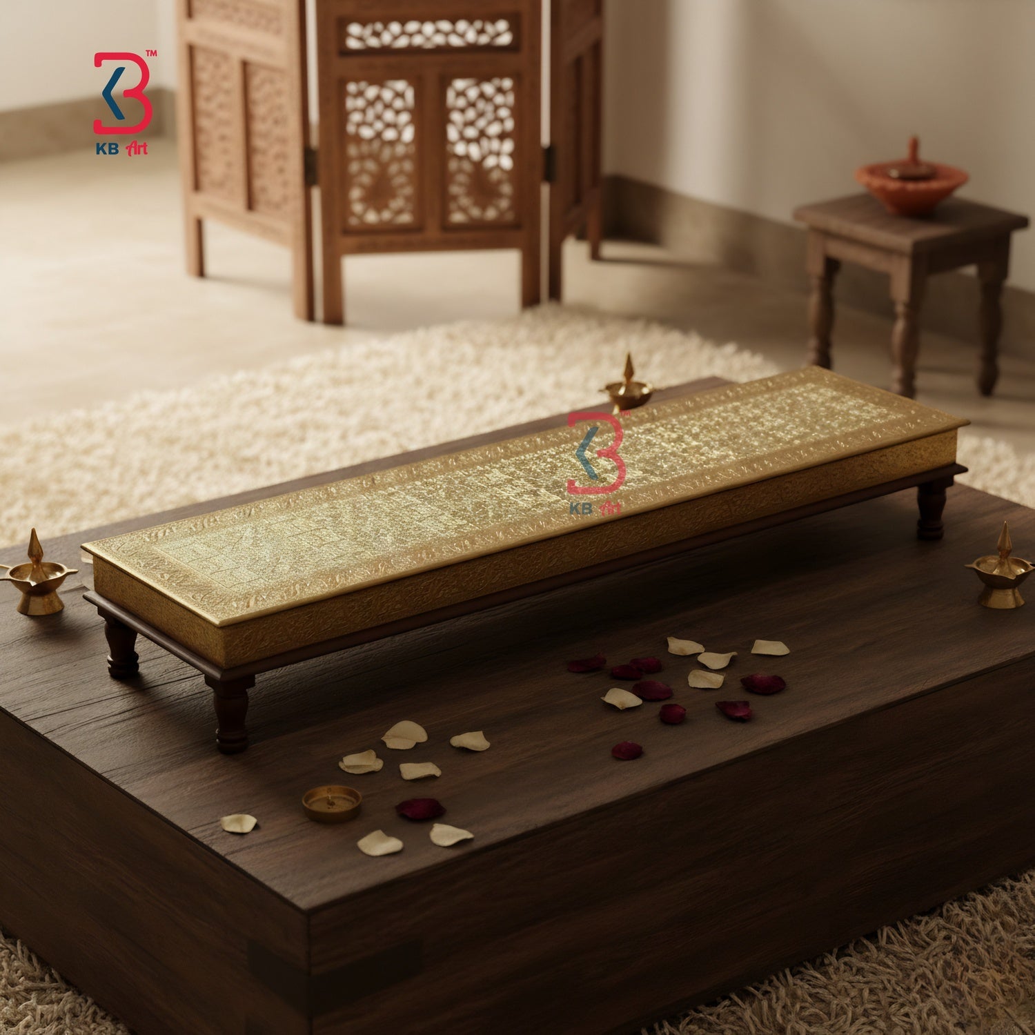 Decorative wooden platform with gold inlay in a room setting