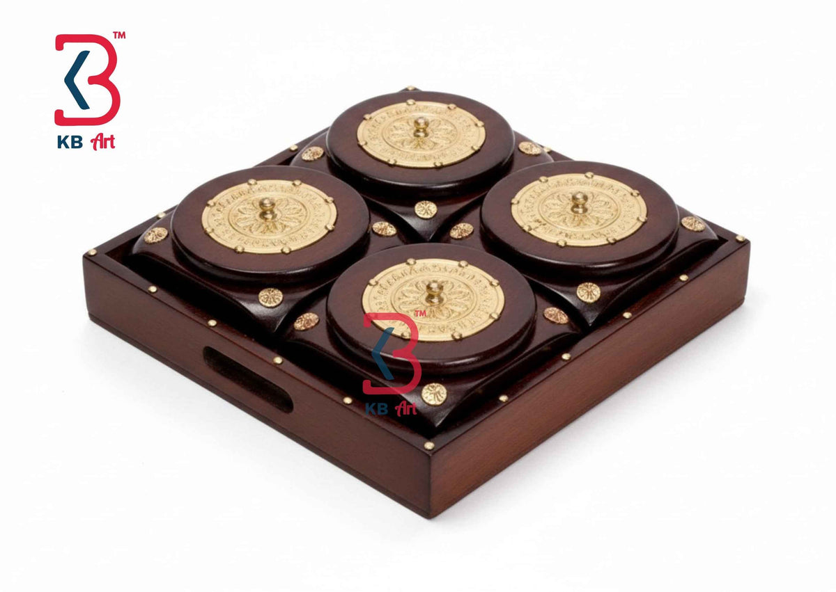 KB ART Luxury Wooden Dry Fruit Box Set with 4 Bowls and Serving Tray - Brass Inlay Work