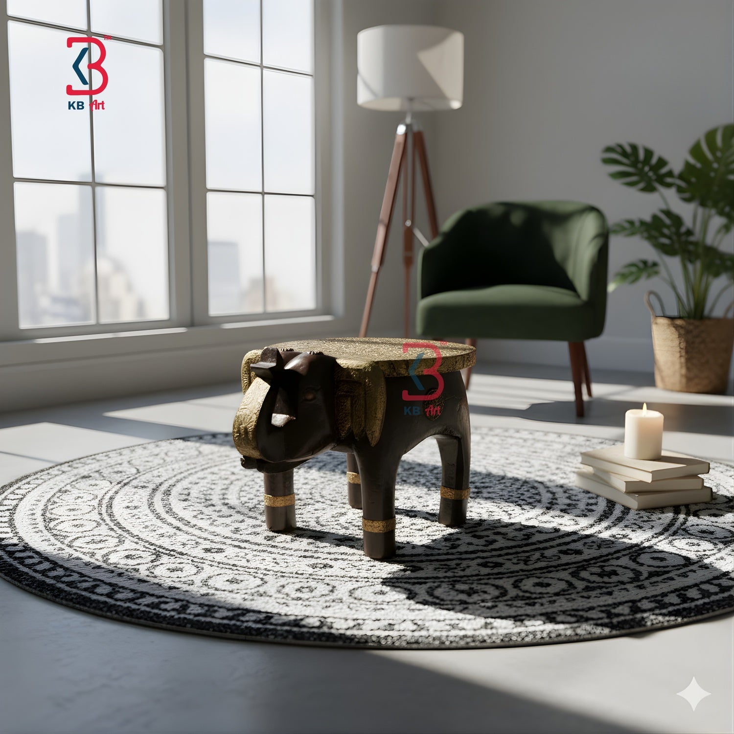 Wooden table with a unique design in a modern living room setting.