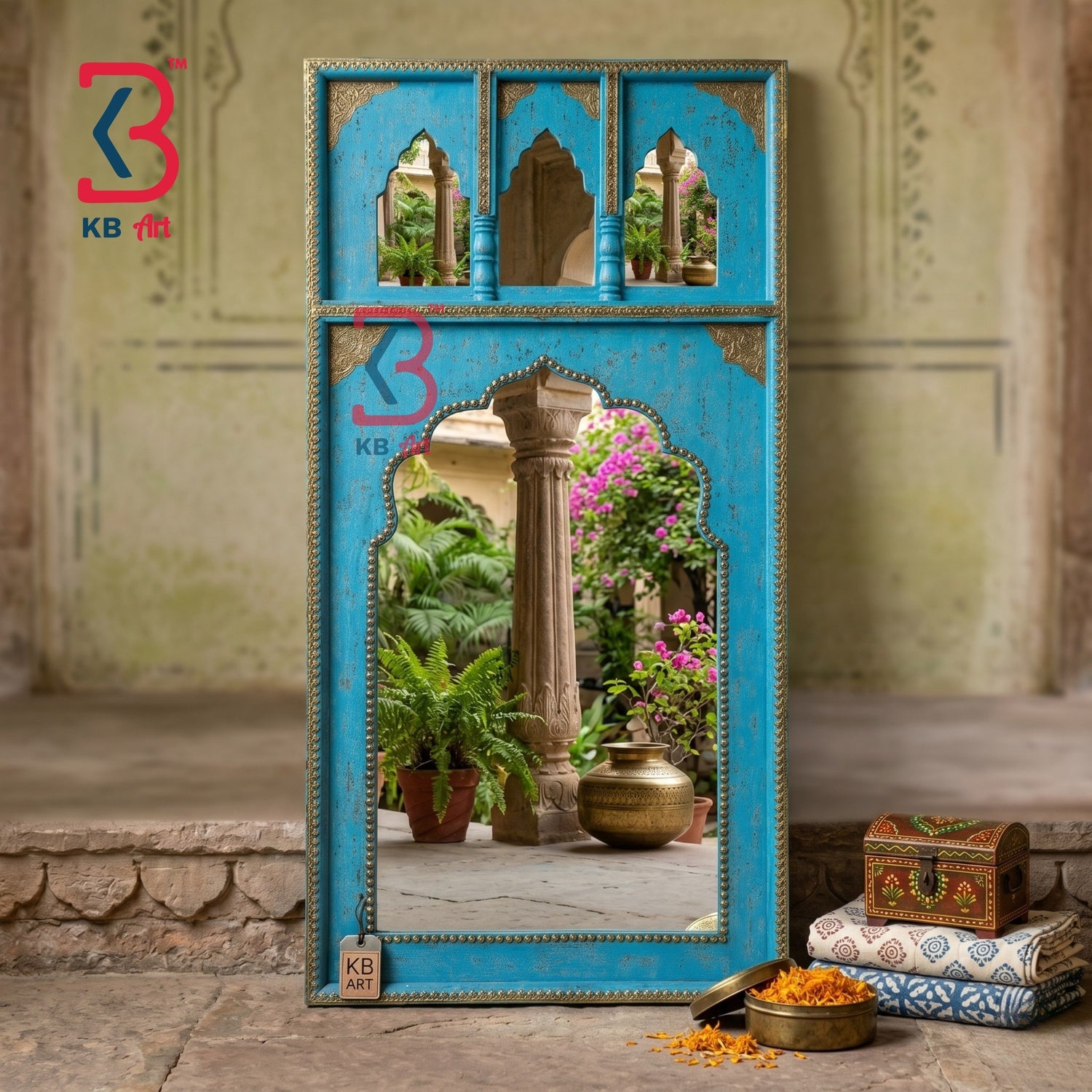 KB ART Blue Wooden Jharokha Wall Mirror Brass - Front View of Handcrafted Detailing - Handcrafted Wooden Decor Jodhpur