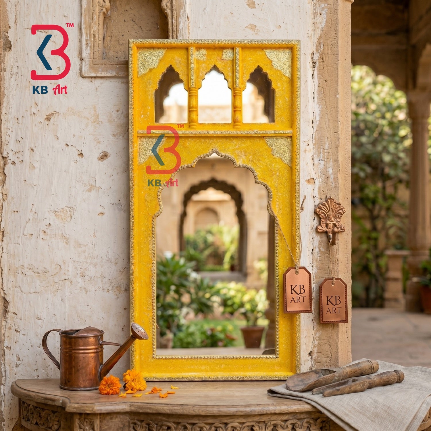 KB ART Yellow Wooden Jharokha Wall Mirror Brass - Close-Up of Hand-Carved Artisan Texture - Handcrafted Wooden Decor Jodhpur