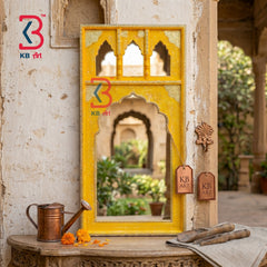 KB ART Yellow Wooden Jharokha Wall Mirror Brass - Close-Up of Hand-Carved Artisan Texture - Handcrafted Wooden Decor Jodhpur