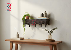 KB ART Dark Brown Scalloped Wall Shelf - Styled Display in Home Interior Setting - Handcrafted Wooden Decor Jodhpur