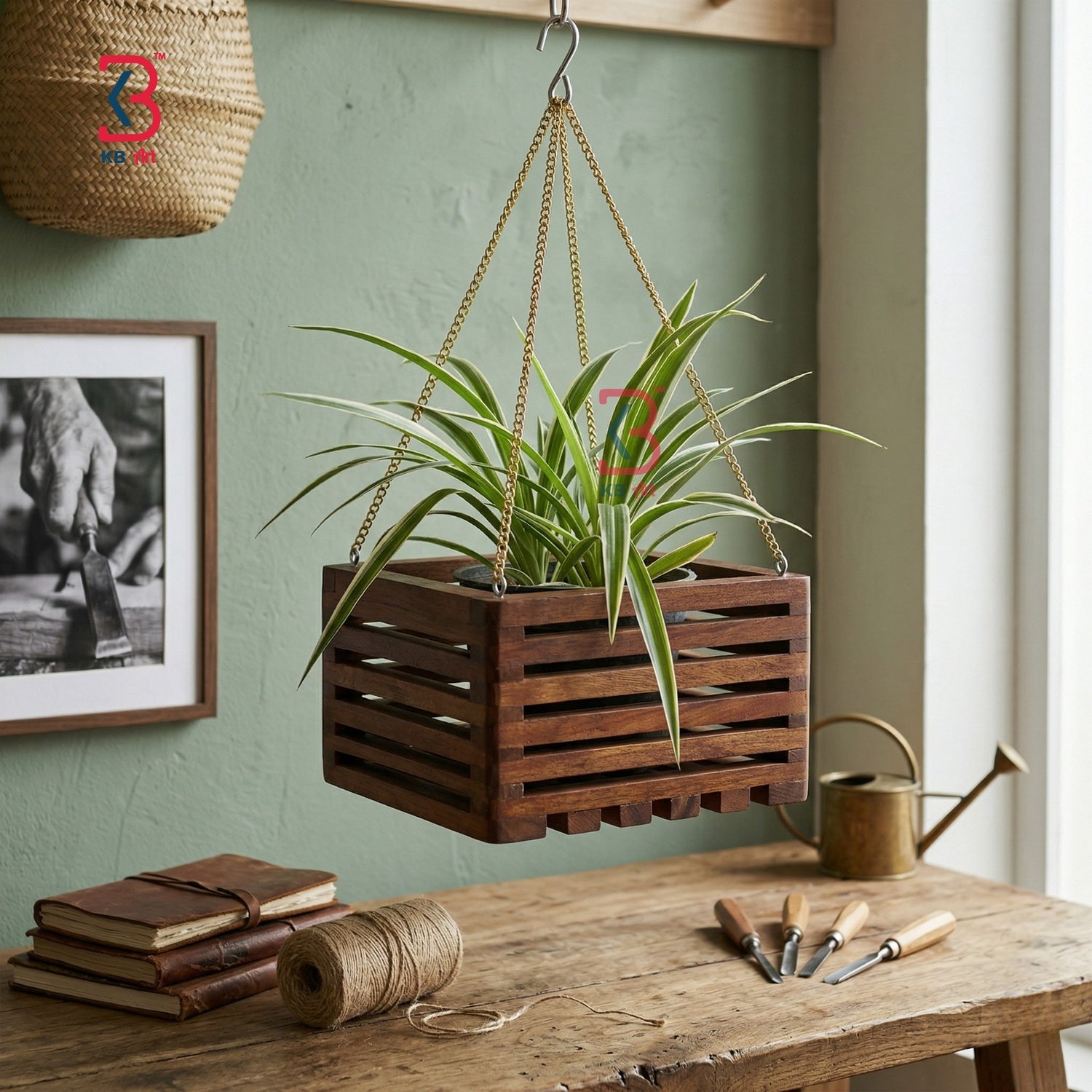 KB ART brown polished hanging wooden planters arranged at varied heights to create a lush tiered urban garden on a covered balcony patio.