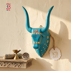 KB ART Turquoise Bull Head Wooden Brass Wall Decor - Close-Up of Hand-Carved Artisan Texture - Handcrafted Wooden Decor Jodhpur