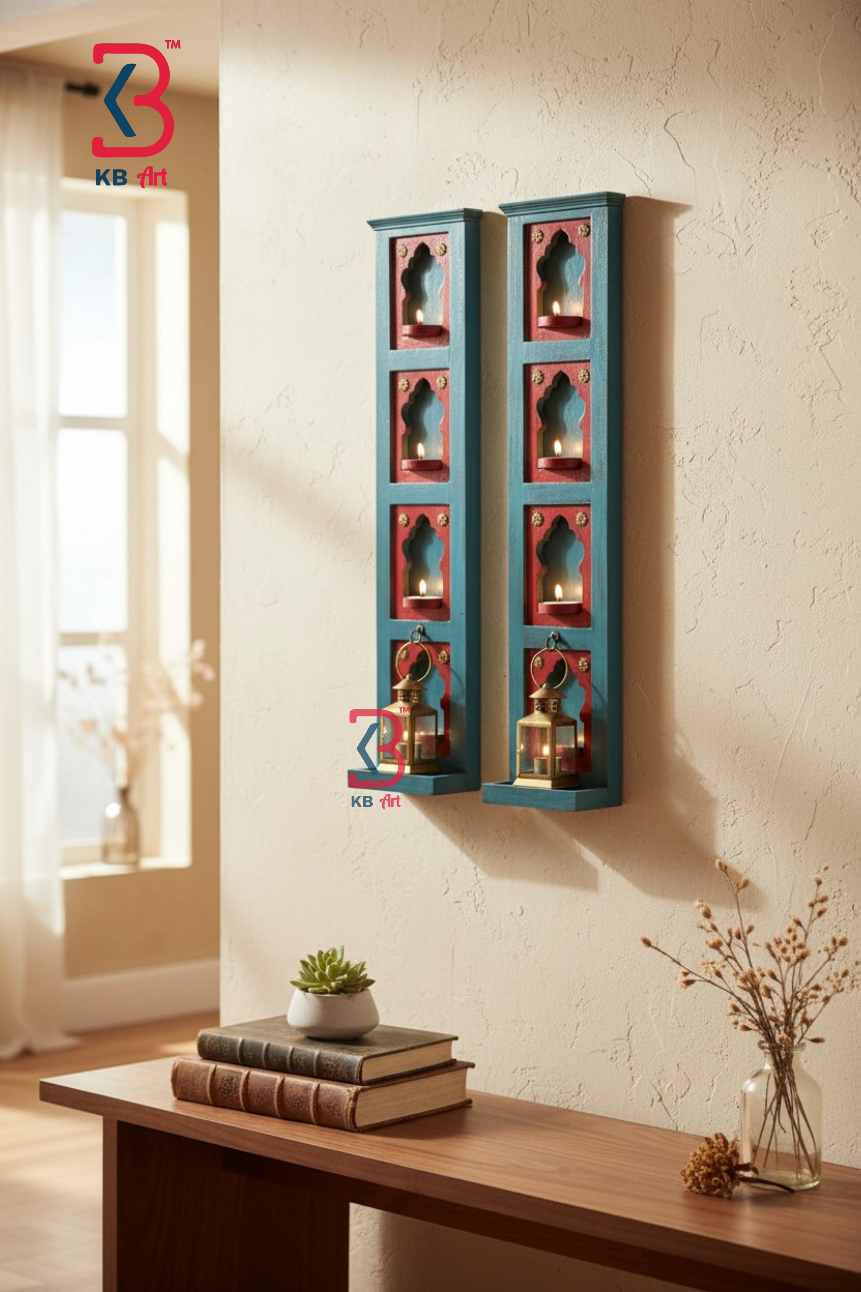 KB ART Dashavatara Blue Wall Niche Shelf - Styled Display in Home Interior Setting - Handcrafted Wooden Decor Jodhpur