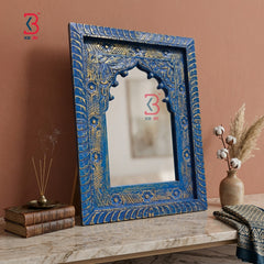 KB ART Jharokha Mirror Distressed Blue - Front View of Handcrafted Detailing - Handcrafted Wooden Decor Jodhpur