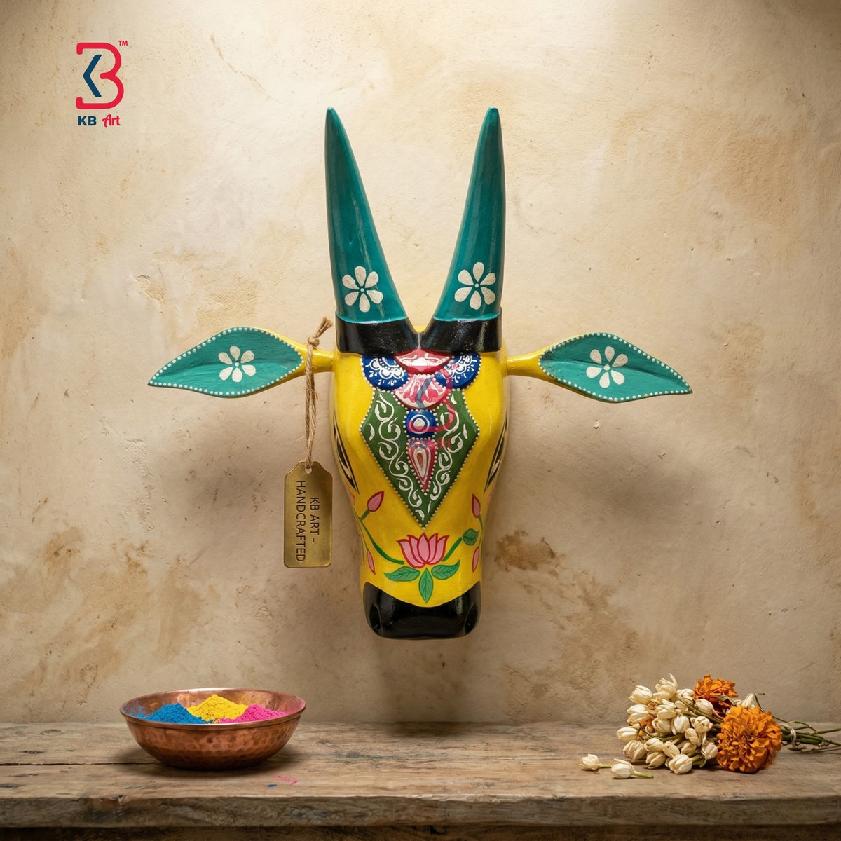 KB ART Carved Bull Head Wall Decor Pichwai - Front View of Handcrafted Detailing - Handcrafted Wooden Decor Jodhpur