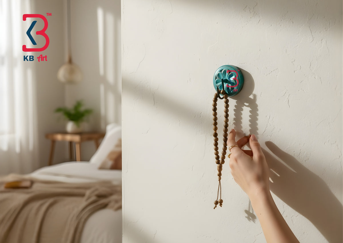 KB ART Teal Flower Carved Wooden Wall Hook - Close-Up of Hand-Carved Artisan Texture - Handcrafted Wooden Decor Jodhpur