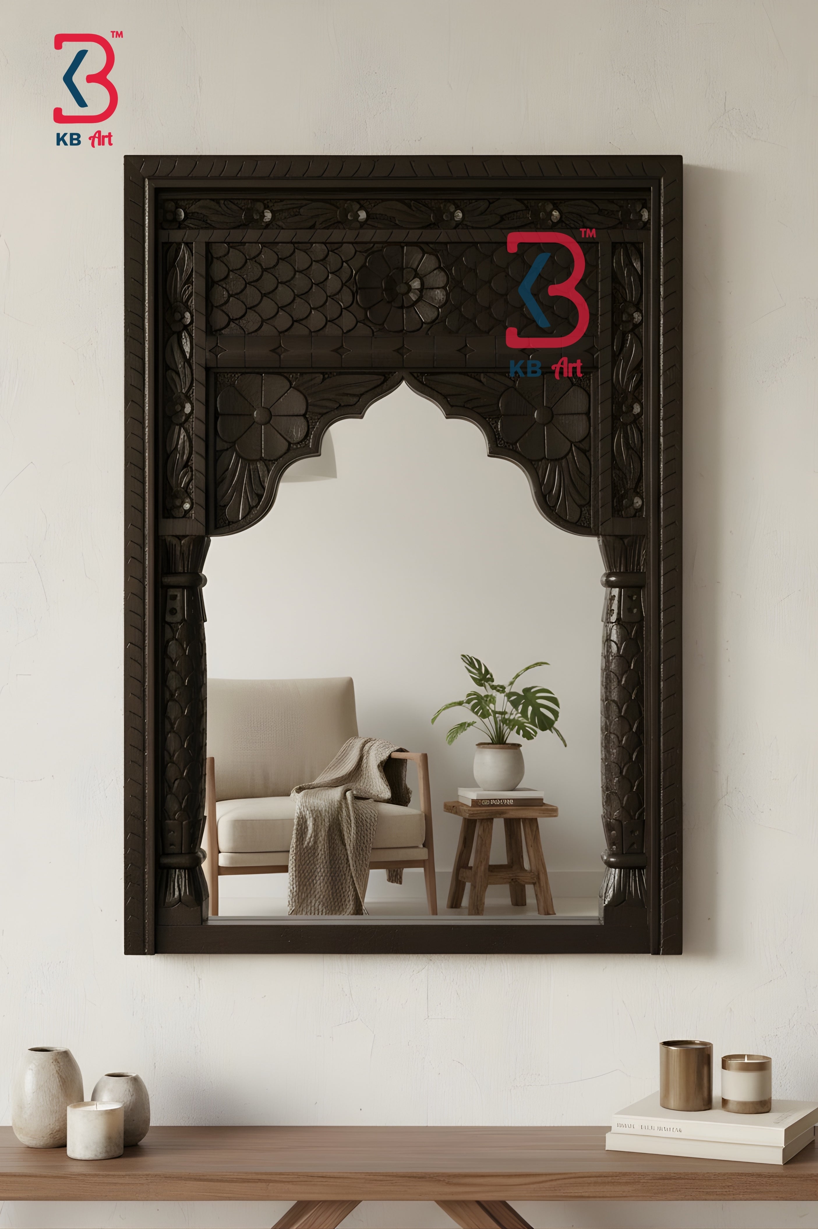 KB ART Jharokha Mirror Dark Brown - Styled Display in Home Interior Setting - Handcrafted Wooden Decor Jodhpur
