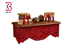 KB ART Wooden Red Carved Shelf - Front View of Handcrafted Detailing - Handcrafted Wooden Decor Jodhpur
