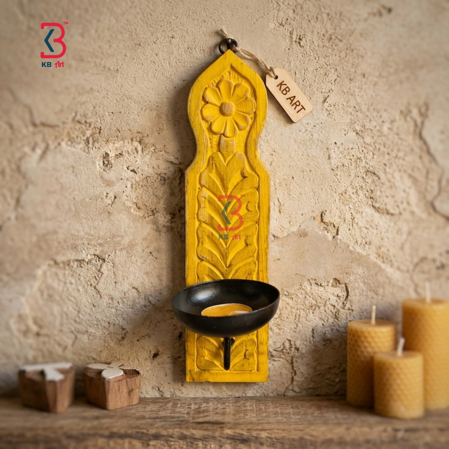 KB ART Yellow Carved Tlight Wall Holder - Close-Up of Hand-Carved Artisan Texture - Handcrafted Wooden Decor Jodhpur
