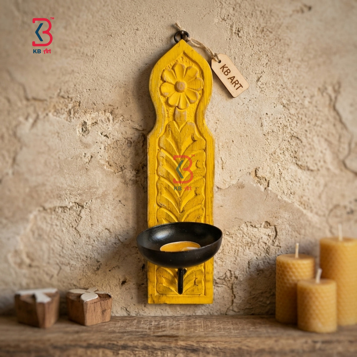 KB ART Yellow Carved Tlight Wall Holder - Close-Up of Hand-Carved Artisan Texture - Handcrafted Wooden Decor Jodhpur