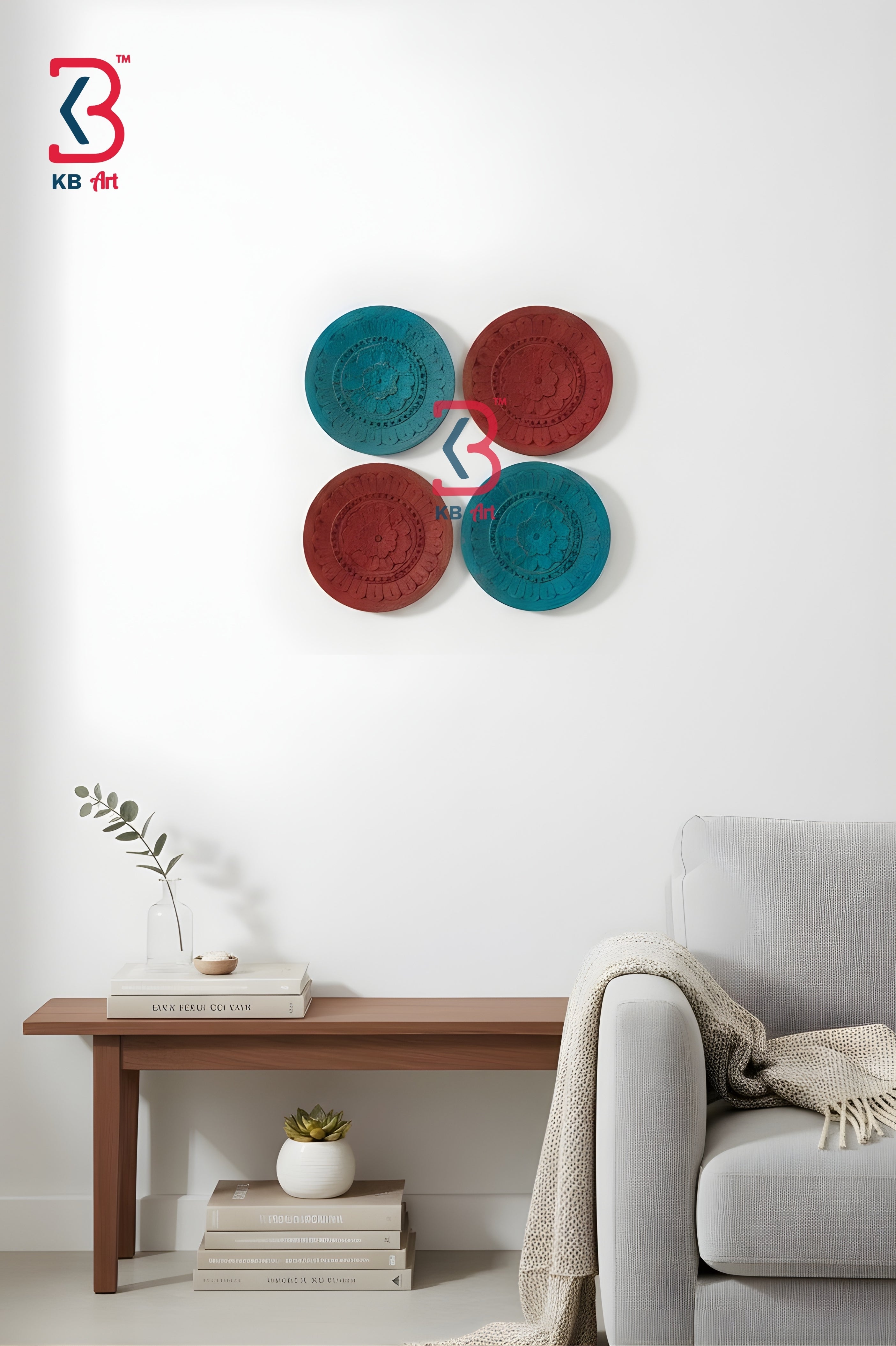 Circular hand-carved wooden wall plate with mandala pattern close-up