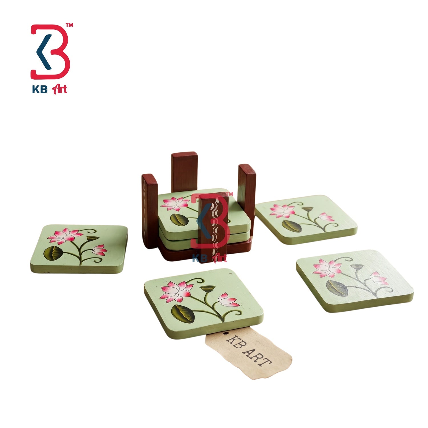KB ART Wooden Pichwai Tea Coaster Floral - Front View of Handcrafted Detailing - Handcrafted Wooden Decor Jodhpur