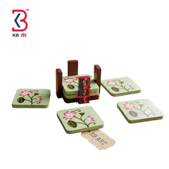 KB ART Wooden Pichwai Tea Coaster Floral - Front View of Handcrafted Detailing - Handcrafted Wooden Decor Jodhpur