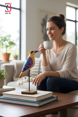 KB ART Wooden Kingfisher Bird Stand Table Decor - Front View of Handcrafted Detailing - Handcrafted Wooden Decor Jodhpur