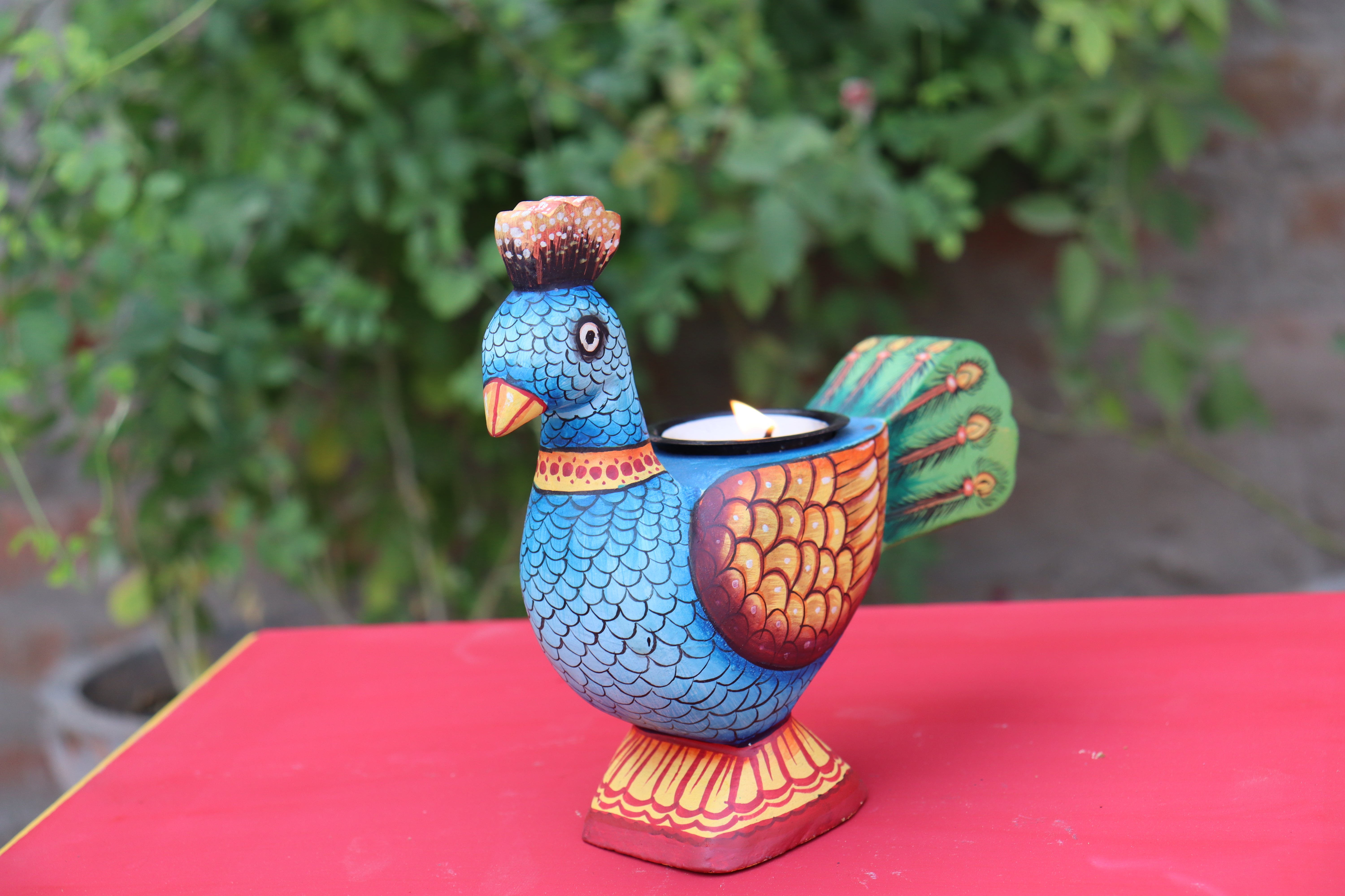 KB ART Blue Peacock Handpainted Wooden Candle Stand - Styled Display in Home Interior Setting - Handcrafted Wooden Decor Jodhpur