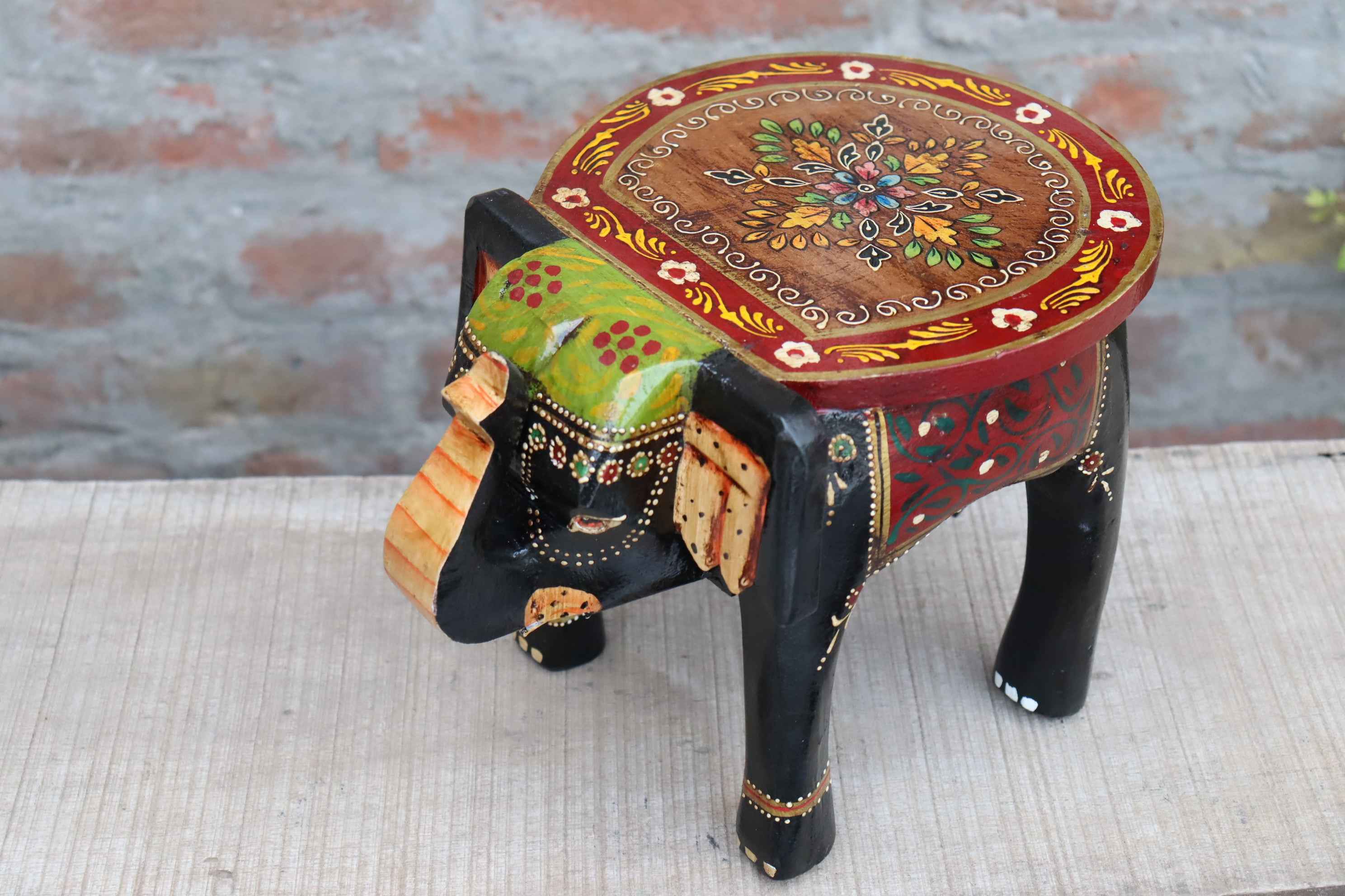 KB ART Handpainted Wooden Elephant Stool –  8 Inch Black & Red Misri Art | Handcarved Antique Look Home Decor & Gifting