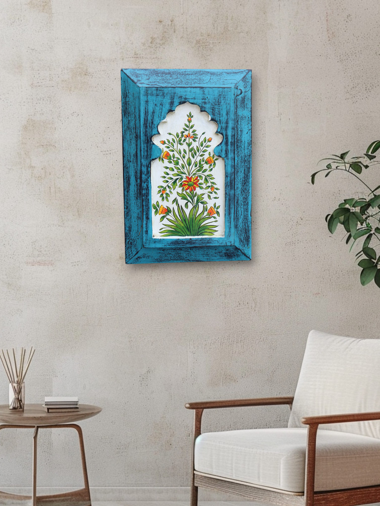 KB ART Handpainted Wooden Jharokha Wall Panel –  Turquoise Floral Mughal Arch Decor | Antique Look Wall Hanging