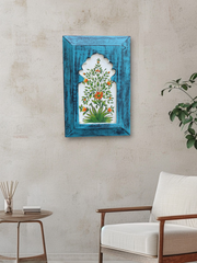 KB ART Handpainted Wooden Jharokha Wall Panel –  Turquoise Floral Mughal Arch Decor | Antique Look Wall Hanging