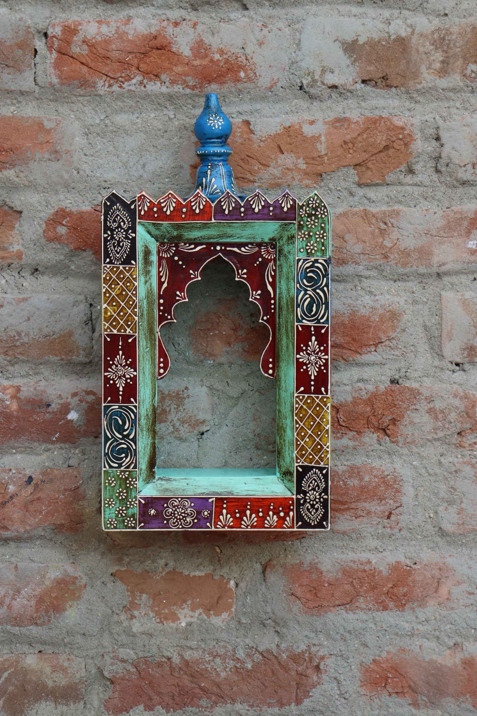 KB ART Handpainted Wooden Temple Wall Decor –  Multicolor Amboz Work Antique Look Handcarved Wall Hanging Mandir