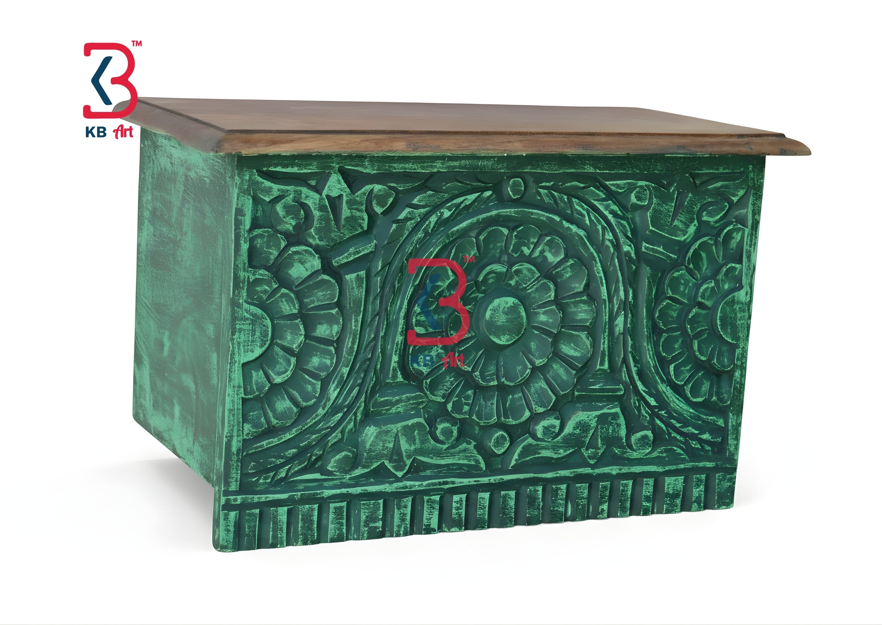 KB ART Wooden Big Carved Wall Shelf Dark Green - Styled Display in Home Interior Setting - Handcrafted Wooden Decor Jodhpur