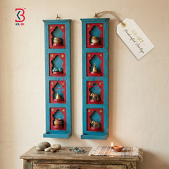 KB ART Dashavatara Blue Wall Niche Shelf - Close-Up of Hand-Carved Artisan Texture - Handcrafted Wooden Decor Jodhpur