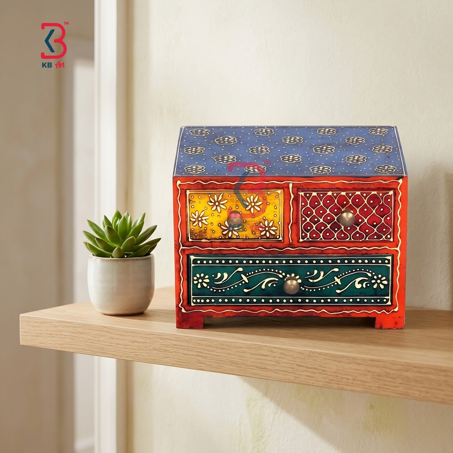 KB ART Wooden 3 Drawer Square Box - Back View Highlighting Build Quality - Handcrafted Wooden Decor Jodhpur