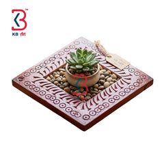 KB ART Wooden Carved Square Planter Succulent Pot - Close-Up of Hand-Carved Artisan Texture - Handcrafted Wooden Decor Jodhpur