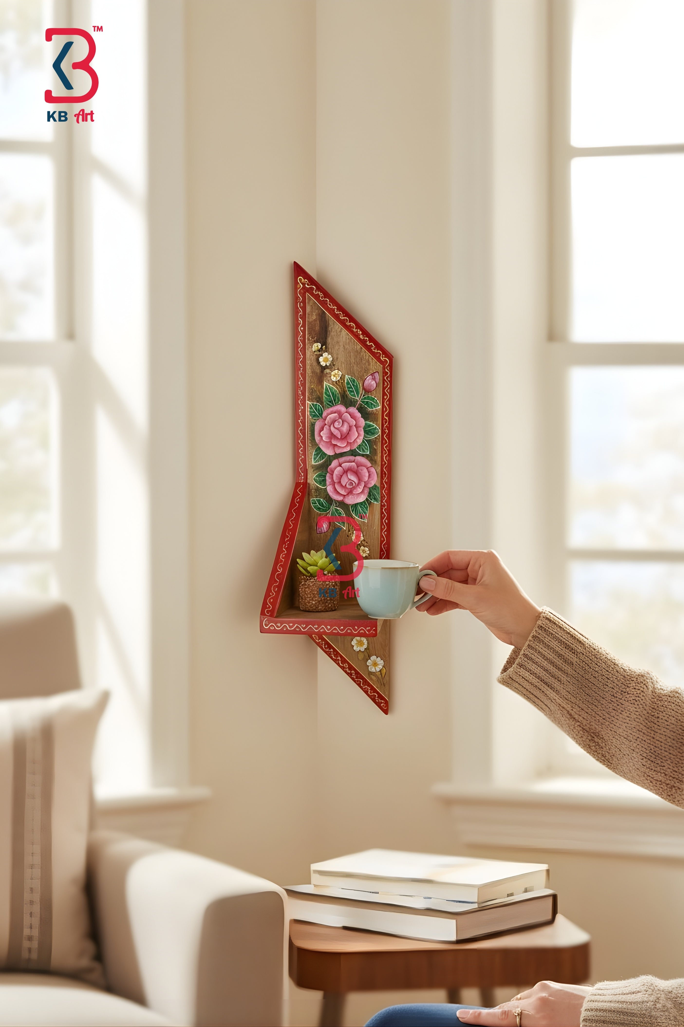 Real studio photograph with white background showing a handmade vertical wooden wall decor shelf featuring hand-painted pink roses and a red border.