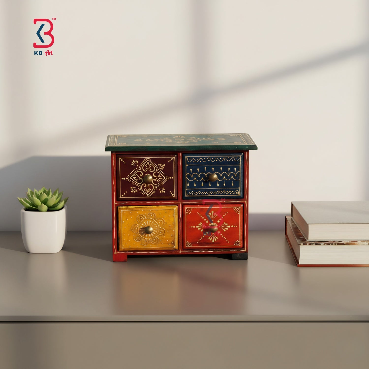 KB ART Wooden 4 Drawer Mdf Box - Close-Up of Hand-Carved Artisan Texture - Handcrafted Wooden Decor Jodhpur