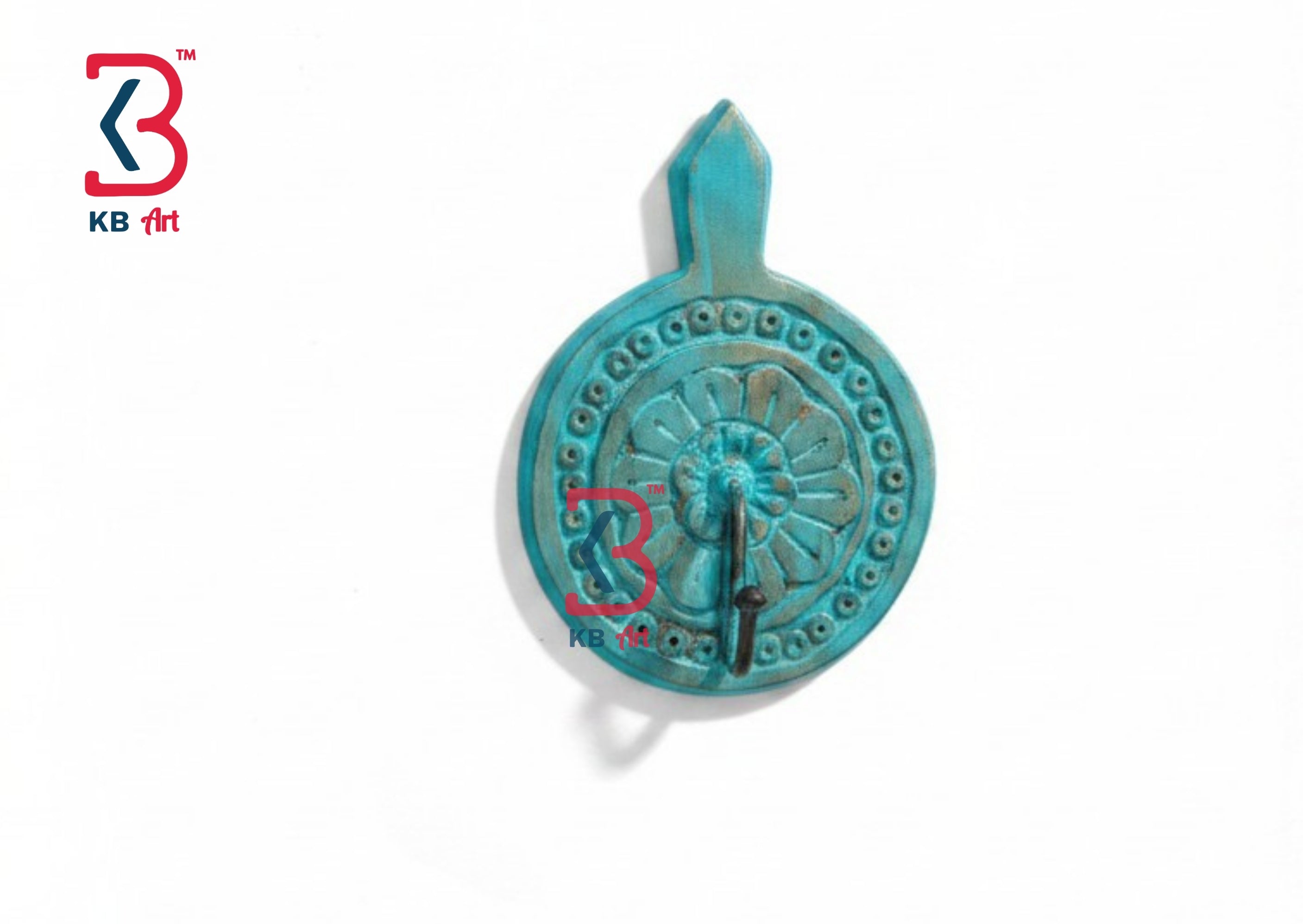 KB ART Teal Distressed Floral Carved Wooden Wall Hook - Front View of Handcrafted Detailing - Handcrafted Wooden Decor Jodhpur