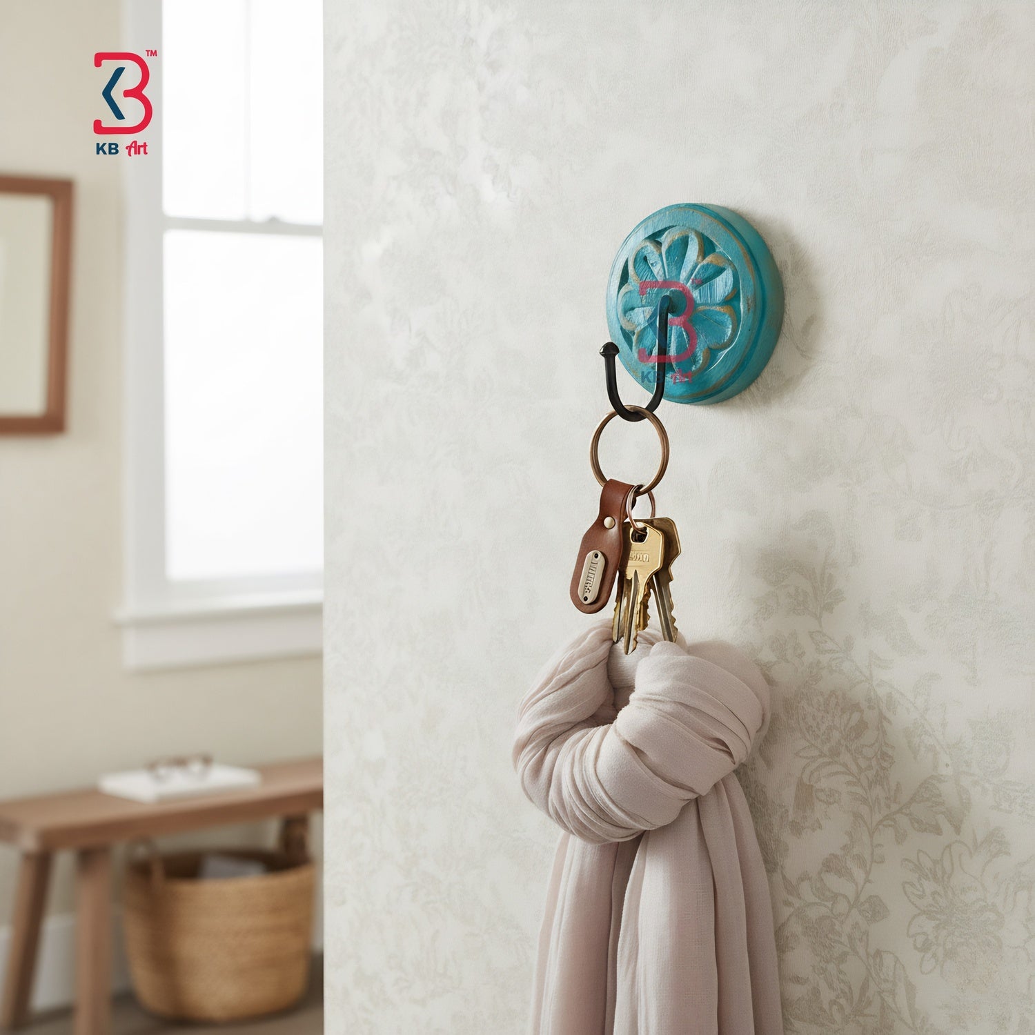 KB ART Teal Flower Carved Wooden Wall Hook - Styled Display in Home Interior Setting - Handcrafted Wooden Decor Jodhpur