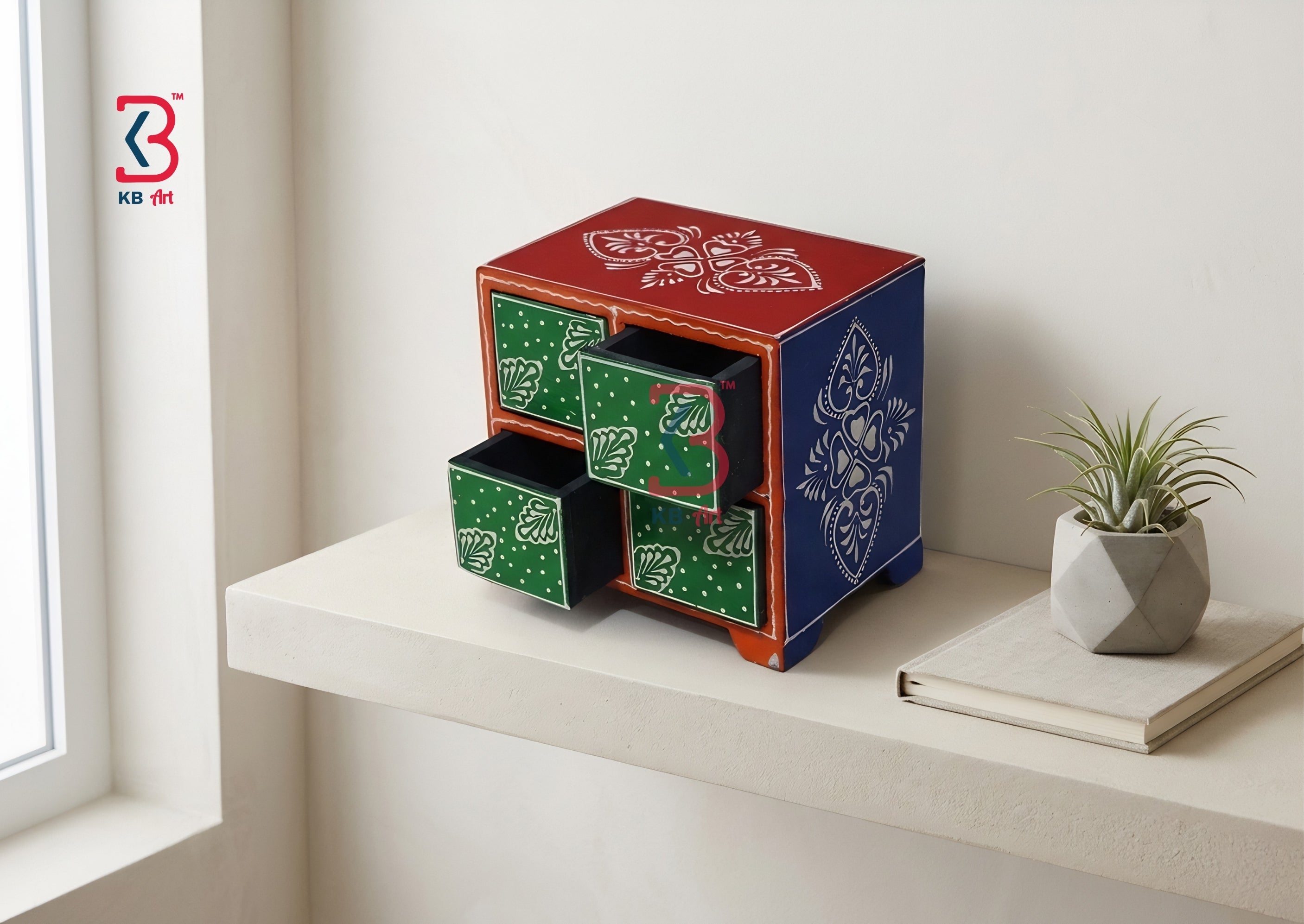 KB ART Wooden 4 Drawer Jewelry Chest - Front View of Handcrafted Detailing - Handcrafted Wooden Decor Jodhpur