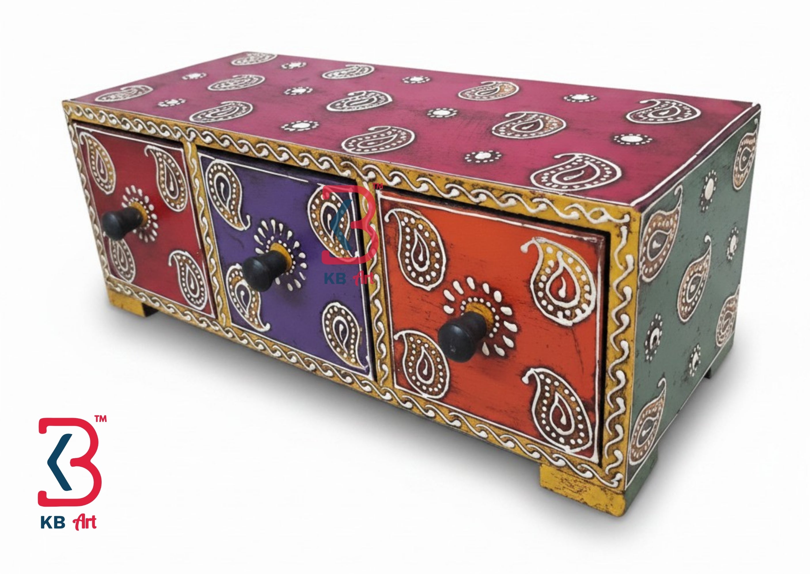 KB ART Wooden 3 Drawer Horizontal Box - Styled Display in Home Interior Setting - Handcrafted Wooden Decor Jodhpur