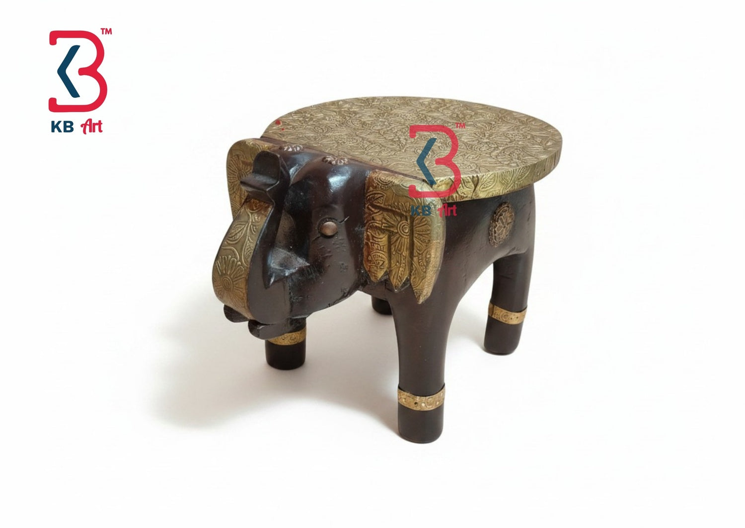 Decorative stool shaped like an elephant with a patterned top on a white background, featuring the KB Art logo.