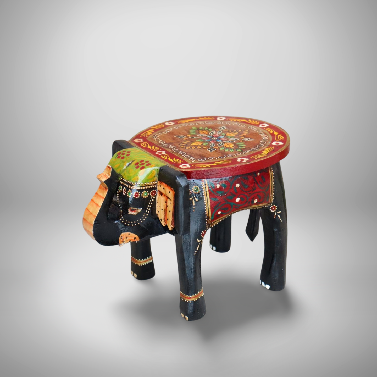 KB ART Handpainted Wooden Elephant Stool –  8 Inch Black & Red Misri Art | Handcarved Antique Look Home Decor & Gifting
