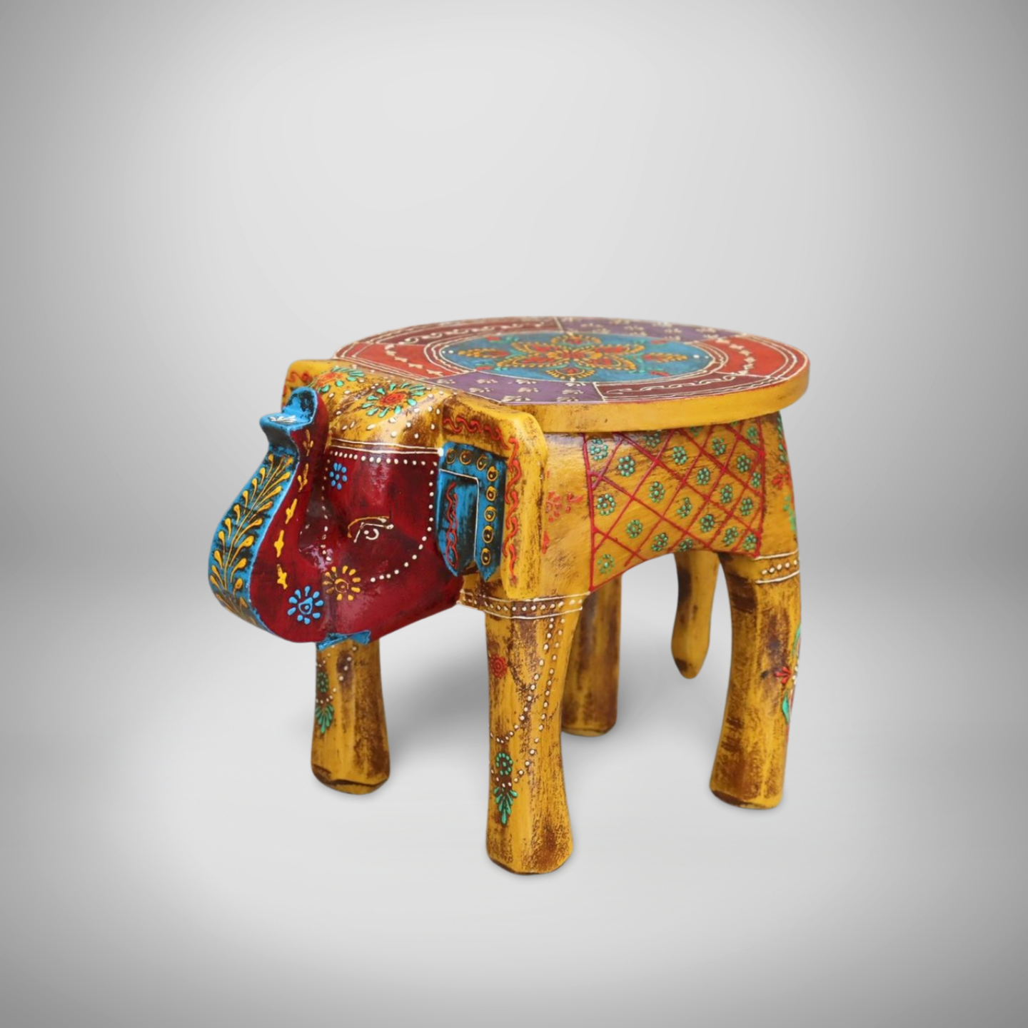 KB ART Handpainted Wooden Elephant Stool –  8 Inch Yellow Base with Multicolour Amboz Jodhpuri Art | Antique Look Handcarved Home & Table Décor