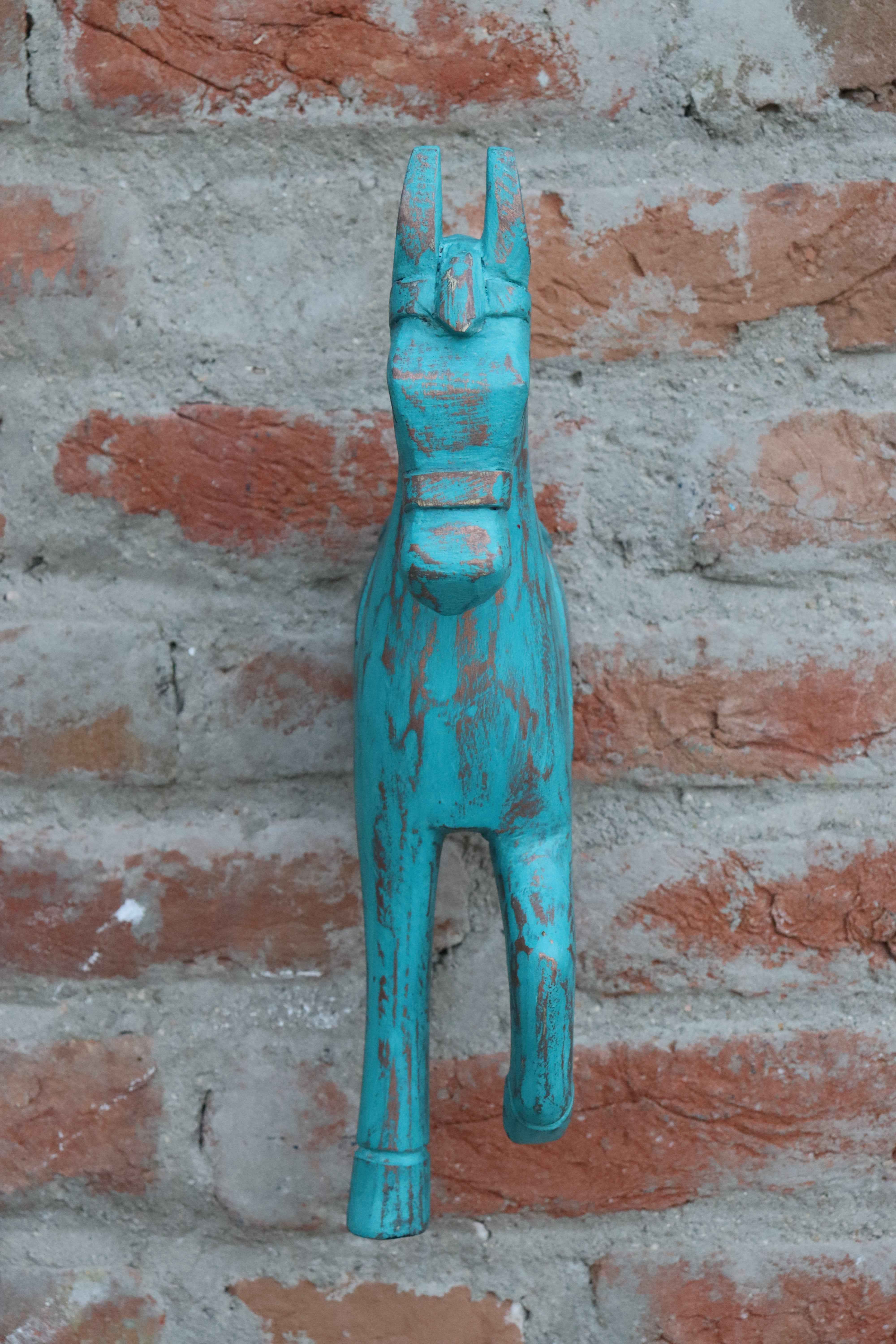 KB ART Turquoise Blue Horse Wall Decor - 16-Inch Distressed Wooden Wall Hanging with Golden Touch | Handcrafted Vintage-Style Rustic Indian Home Decor
