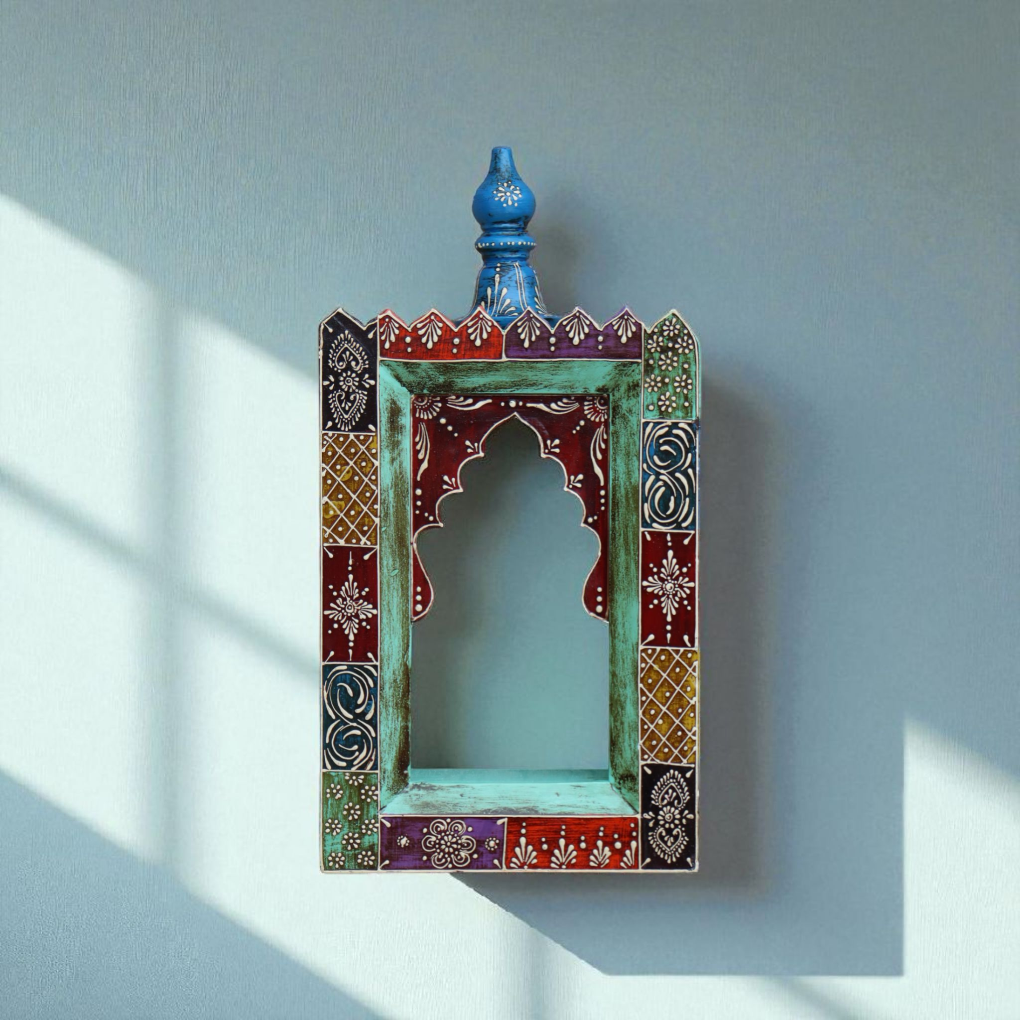 KB ART Handpainted Wooden Temple Wall Decor –  Multicolor Amboz Work Antique Look Handcarved Wall Hanging Mandir