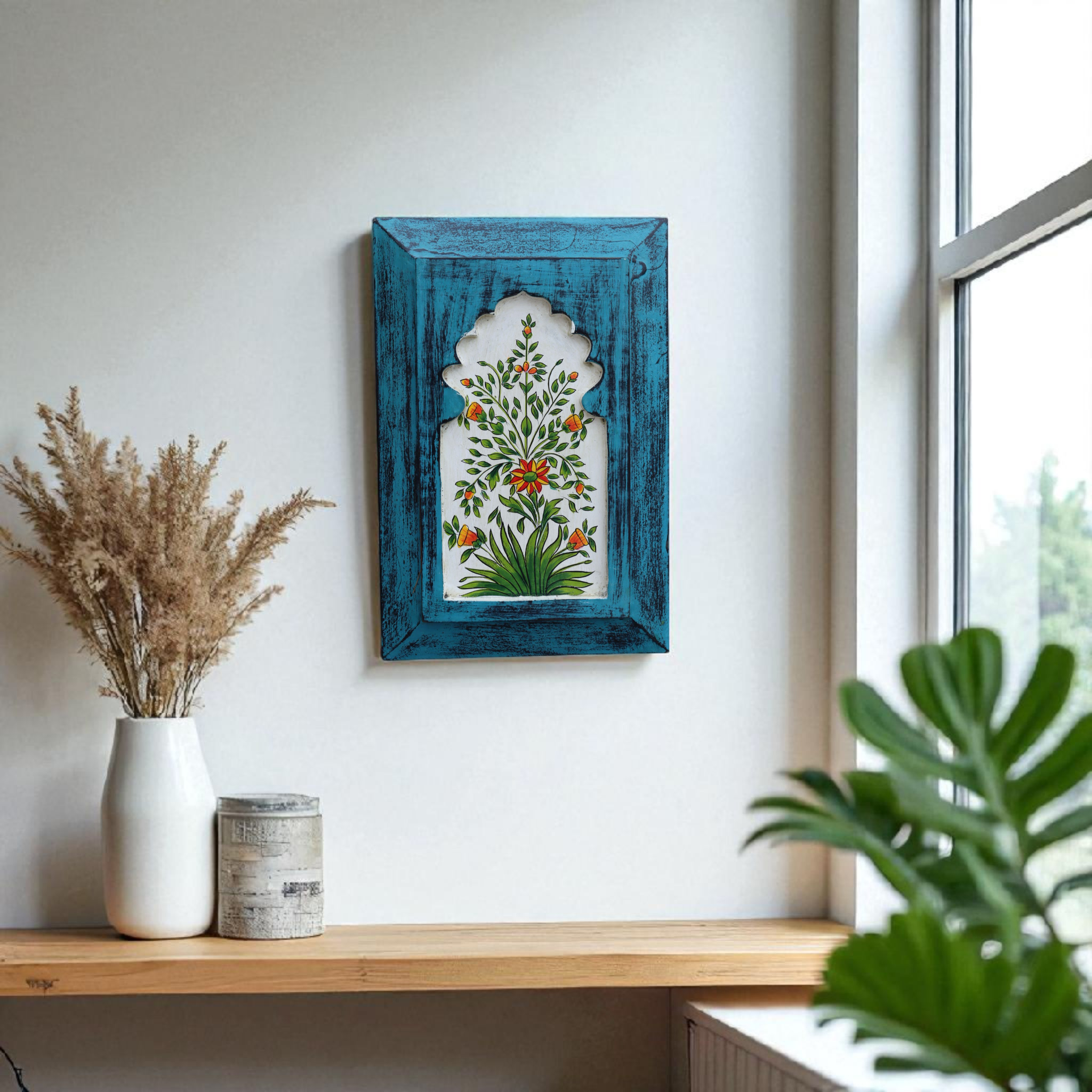 KB ART Handpainted Wooden Jharokha Wall Panel –  Turquoise Floral Mughal Arch Decor | Antique Look Wall Hanging